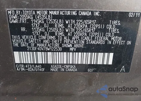 2011 Toyota Rav4 Limited z USA, uszkodzony, nr VIN 2T3DF4DV7BW122530